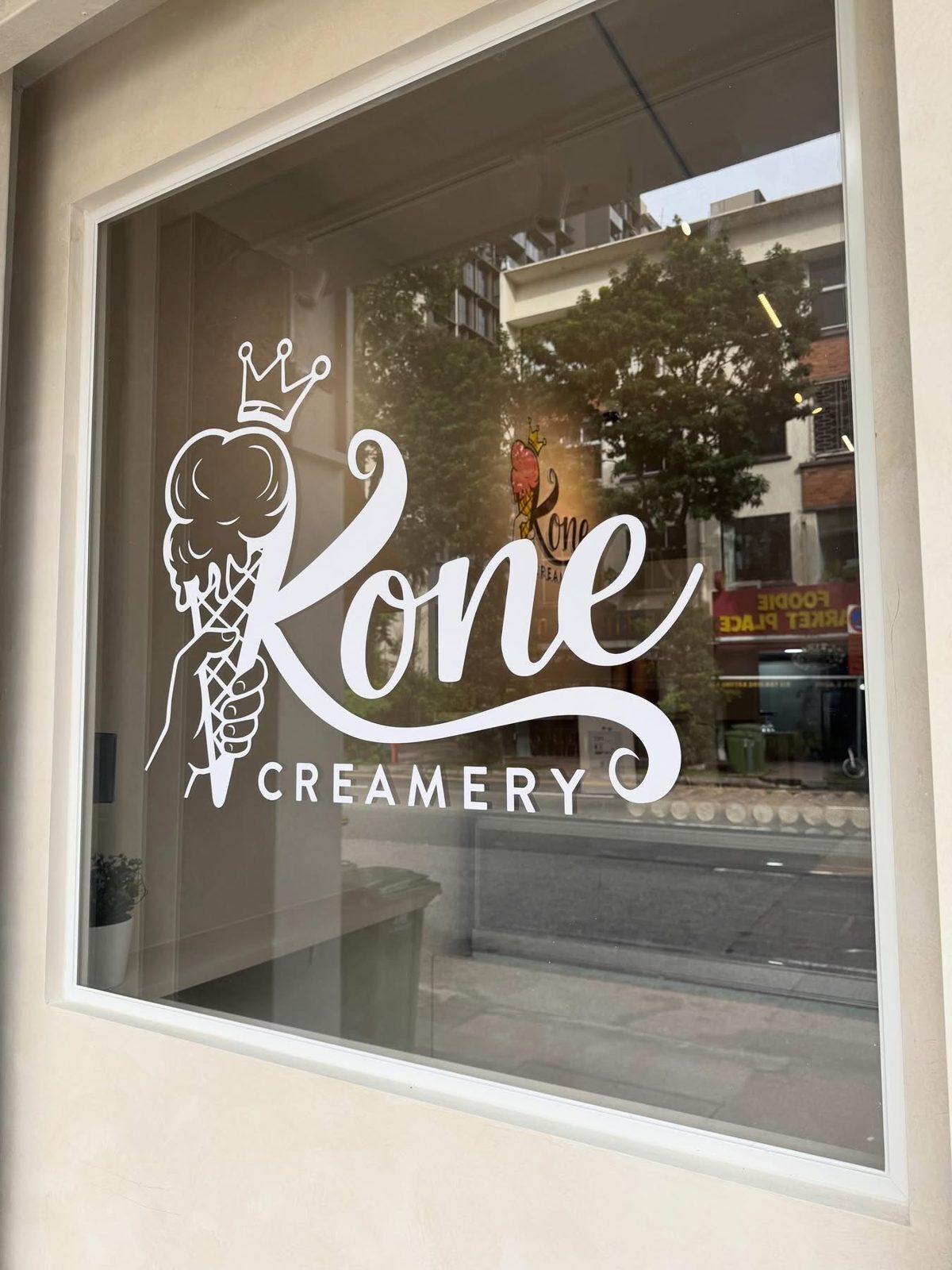 Kone Creamery logo on the shop window